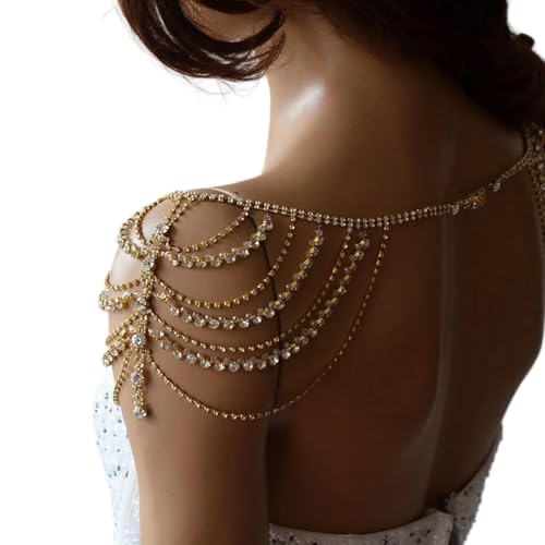 Sexy Multi-layered Rhinestone Tassel Shoulder Chain Jewelry Gold Crystal Body Chain Festival Rave Wedding Shoulder Jewelry for Women Festival Outfit