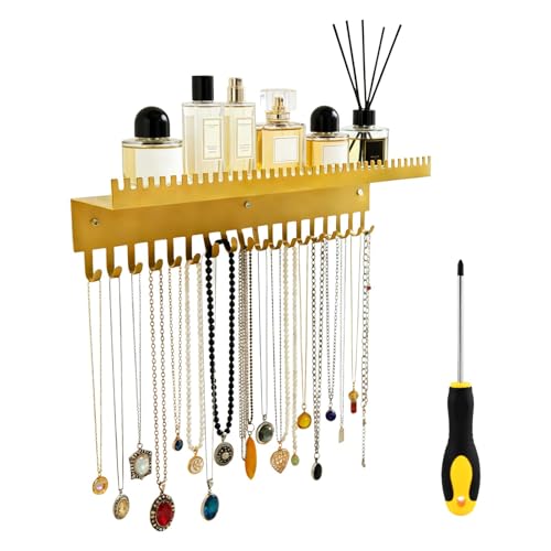 Necklace Holder Hanging Jewelry Organizer, Necklace Display Hanger Wall Shelf with Jewelry Hooks, Wall Mounted Jewelrys Organizer Rack for Women Girl (COLOR:Gold)