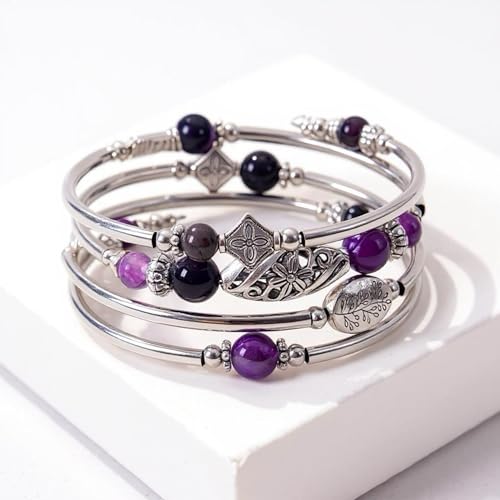 Boho Wrap Beaded Bracelet for Women – Handmade Natural Stone Jewelry – Stainless Steel Adjustable Ethnic Chic Gift - color: Purple Striped Agate