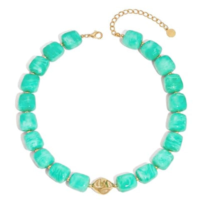 Beaded Necklaces for Women Boho Chunky Necklace Statement Big Resin Bead Choker Fashion Summer Beach Jewelry - color: Lake Blue
