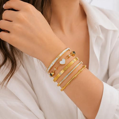 Gold Bangle Bracelets for Women, 5Pcs 18K Gold Plated Stainless Steel Stackable Bangle Bracelet Set, Waterproof Non-Tarnish Bangles with Cubic Zirconia, Gifts for Women