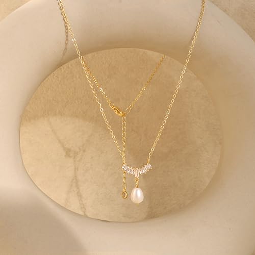 Pearl Necklaces for Women Trendy,Dainty Pearl Pendant Necklace | 14k Gold Plated Elegant Pearl Necklace,Simple Pearl Pendant,Dainty Gold Jewelry,Waterproof Summer Bridal Wedding Accessories - color: GOLD-5