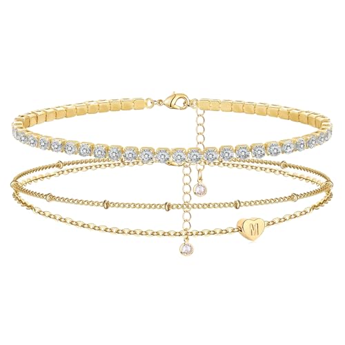 YANODA Gold Initial Bracelets for Women, 14K Gold Plated Bracelet Sets Trendy Gold Bracelet Stack Dainty Heart Letter Initial Bracelets Adjustable Tennis Bracelets Personalized Jewelry for Women - color: M