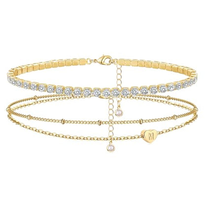 YANODA Gold Initial Bracelets for Women, 14K Gold Plated Bracelet Sets Trendy Gold Bracelet Stack Dainty Heart Letter Initial Bracelets Adjustable Tennis Bracelets Personalized Jewelry for Women - color: M