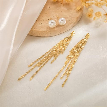 CHESKY Pearl Drop Earrings for Women, 14K Gold Plated Pearl Dangle Earrings | Dainty Pearl Earrings for Women,WaterProof Gold Brides Wedding Earrings,Bridesmaid Bridal Gift,Trendy Women Everyday Jewelry - style: chain