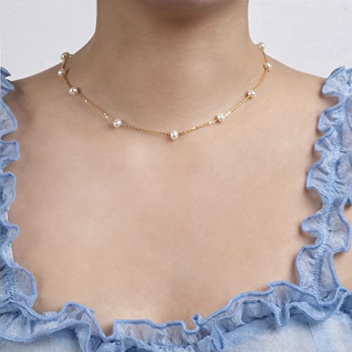 925 Sterling Silver Dainty Freshwater Cultured Pearl Choker Necklace White Genuine Real Pearl Charm Necklaces Jewelry Gifts for Her - color: Satellite Pearl-Gold 4.5-5.5mm