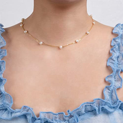 925 Sterling Silver Dainty Freshwater Cultured Pearl Choker Necklace White Genuine Real Pearl Charm Necklaces Jewelry Gifts for Her - color: Satellite Pearl-Gold 4.5-5.5mm