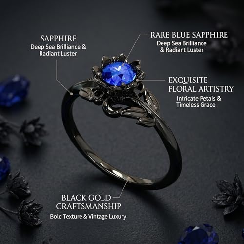 Cubic Zirconia Rings For Women, Gothic Ring Black Flower Crystal Stackable Trendy Floral Eternity Travel Engagement Statement Wedding Birthday Jewelry Gift - color: Goth Black Blue