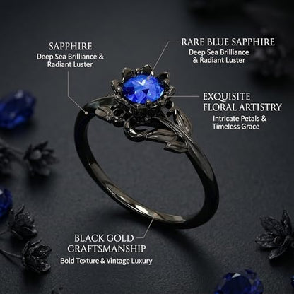 Cubic Zirconia Rings For Women, Gothic Ring Black Flower Crystal Stackable Trendy Floral Eternity Travel Engagement Statement Wedding Birthday Jewelry Gift - color: Goth Black Blue