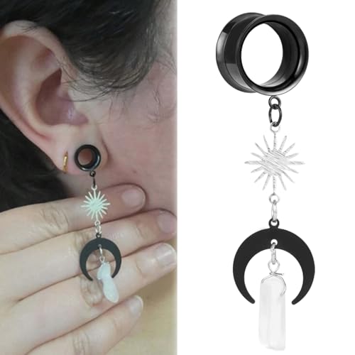 2PCS Moon-Pendant Natural Stone Stainless Steel Dangle Ear Plugs Tunnels Stretcher Piercing Body Jewelry - size: 12mm(1/2")