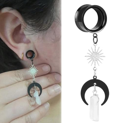 2PCS Moon-Pendant Natural Stone Stainless Steel Dangle Ear Plugs Tunnels Stretcher Piercing Body Jewelry - size: 14mm(9/16")