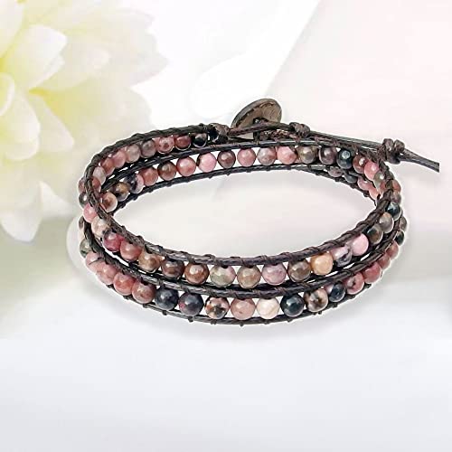 Genuine Stone Wrap Bracelets for Women Natural Crystal Beaded Wrap Bracelet 2/3/5 Adjustable Bohemian Bracelets Jewelry Gifts for Women Mom - color: rhodonite(2 wraps)