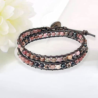 Genuine Stone Wrap Bracelets for Women Natural Crystal Beaded Wrap Bracelet 2/3/5 Adjustable Bohemian Bracelets Jewelry Gifts for Women Mom - color: rhodonite(2 wraps)