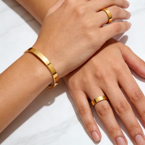 Calming Bracelet Ring Set for Women, Menopause Bracelets Adjustable Bangle Stainless Steel Cuff Climacterium Anxiety Stress Relief Energy Open Jewelry Gift - color: Gold + Gold