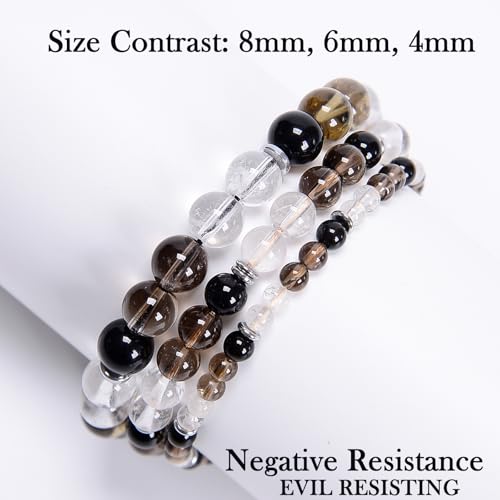 468Handmade Adjustable Natural Gemstone Crystal Bracelet Healing Power Energy Inspirational Gifts with Card for Unisex - color: 19-EVIL RESISTING(Clear Quartz&Smoky Quartz&Obsidian), size: 8mm