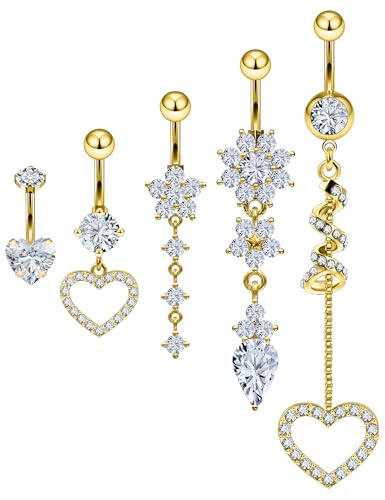 Vsnnsns 14G Dangle Belly Button Ring Piercing Jewelry 316L Stainless Surgical Steel Heart Flower CZ Reverse Navel Rings Dangling Belly Button Ring Piercing Jewelry for Women 14 Gauge Hypoallergenic - style: 5Pcs Gold