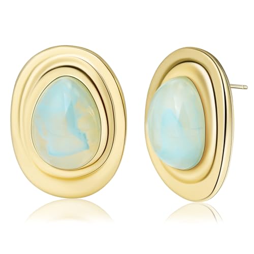 Resin Statement Chunky Gold Drop Earrings Big Vintage Colorful Oval Stud | Acrylic Teardrop Boho Hypoallergenic Jewelry Unique Everyday Funky Vacation Cool Large Oversized Bold Outfit for Women Trendy - color: Teal