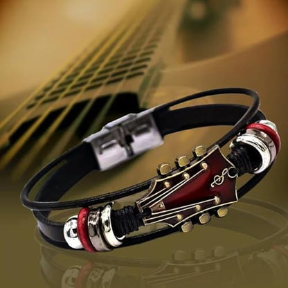 Angyape Retro Faux Leather Guitar Bracelet, Zinc Alloy Rock Music Guitar Leather Bracelet Punk Handmade Braided Multi-Layer Wrap Guitar Shape Decorative Cuff Bracelet Musical Enthusiast Gift - color: Red&Blue