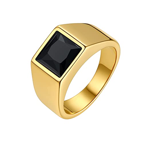 Bestyle Stainless Steel Men Signet Ring-Black/Blue Gemstone Band Ring-Classic Simple Thick Men Ring Size 7-14 - color: 01. 8MM Black Zircon - Gold