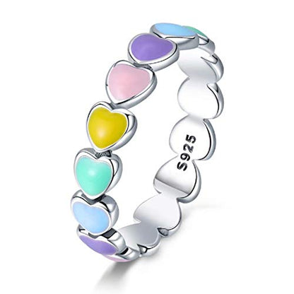 Qings 925 Sterling Silver Multi Color Heart Enamel Band Ring for Women | Smooth enamel craftsmanship on genuine sterling silver creates a bright fashion statement for women casual everyday wear