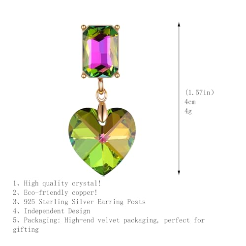 Crystal Heart Teardrop Dangle Earrings for Women Hypoallergenic Multicolor Cubic Zirconia Drop Earrings for Wedding Prom Party Daily Wear - color: Heartgreen