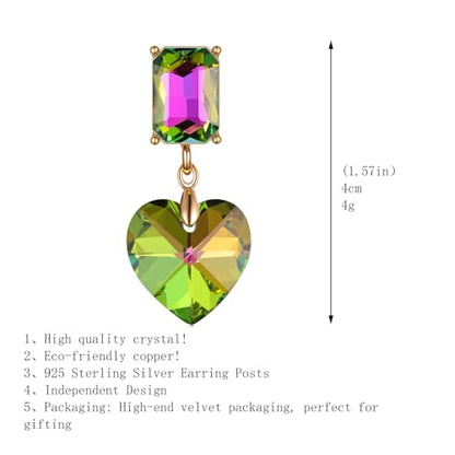 Crystal Heart Teardrop Dangle Earrings for Women Hypoallergenic Multicolor Cubic Zirconia Drop Earrings for Wedding Prom Party Daily Wear - color: Heartgreen
