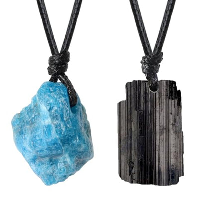 Natural Raw Crystal Necklace for Women Irregular Stone Necklaces Spiritual Gemstone Pendant with Adjustable Rope - color: E-Black Tourmaline+Blue apatite