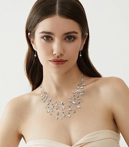 Multi-Layer Boho Shell Beaded Necklace for Women Colorful Crystal Strand with Silver Beads Statement Collars Necklace and Earrings Costumes Jewelry Sets for Women - color: 48-White
