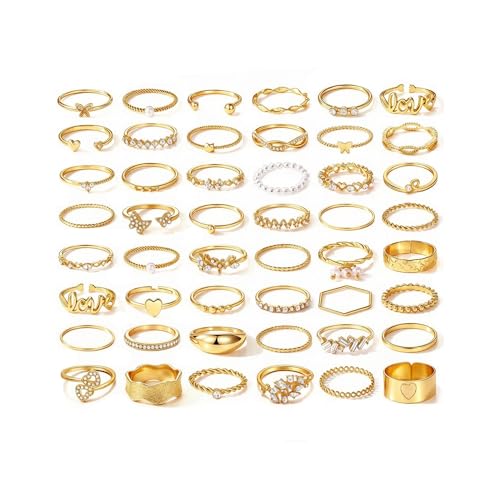 Golden Silvery Knuckle Rings Set for Women, Stackable Rings Bohemian Crystal Hollow Carved Flowers Joint Finger Rings Pack Fashion Jewelry Gifts for Birthday - color: Golden 48PCS