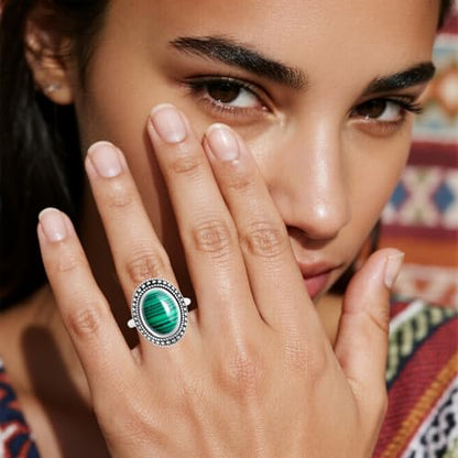 Retro Sterling Silver Stone Ring,Antique Natural Real Oval Crystal Quartz Gemstone Boho Bohemian Ring Jewelry for Women - color: A20_Malachite