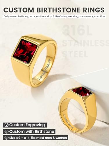 KeyStyle Square Gemstone Signet Rings for Men, Personalized Stainless Steel Pinky Ring with Black Onxy Blue Topaz Birthstone Statement Ring - color: Gold - Custom Stone - 8mm