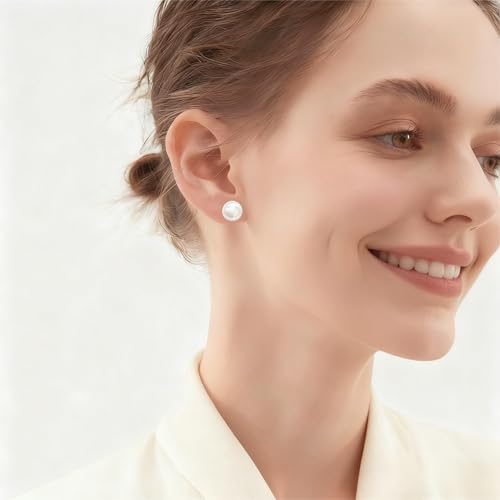 White Faux Pearl Stud Earrings, S925 Silver Posts Hypoallergenic for Women - color: Pinkish White, size: 12mm