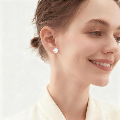 White Faux Pearl Stud Earrings, S925 Silver Posts Hypoallergenic for Women - color: Pinkish White, size: 12mm