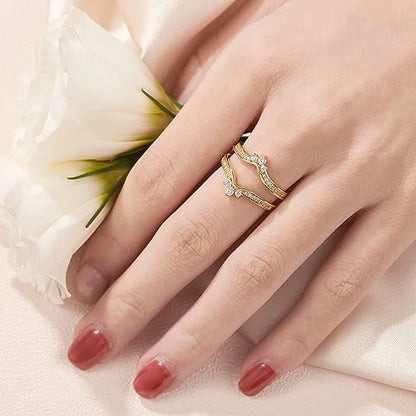 SHELOVES Crown Wedding Ring Guard Enhancers Round Cubic Zirconia Stackable Rings Wrap for Women White Gold Plated - color: Yellow Gold