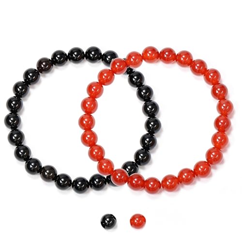2PCS Agate Bracelet for Women Men Natural Round Beaded Agates Stone Healing Stretch Bracelets Elastic Handmade Polished Gemstone Beads Bracelet - color: Black+Red, size: 8mm Beads