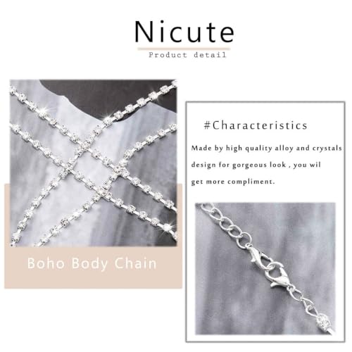 Nicute Rhinestone Body Chain Jewelry Gold Bra Jewelry Bling Plus Size Body Chains for Women - color: Silver
