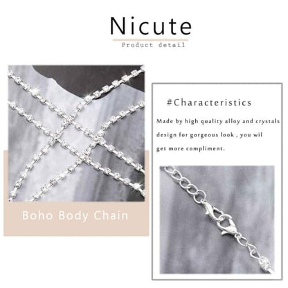 Nicute Rhinestone Body Chain Jewelry Gold Bra Jewelry Bling Plus Size Body Chains for Women - color: Silver