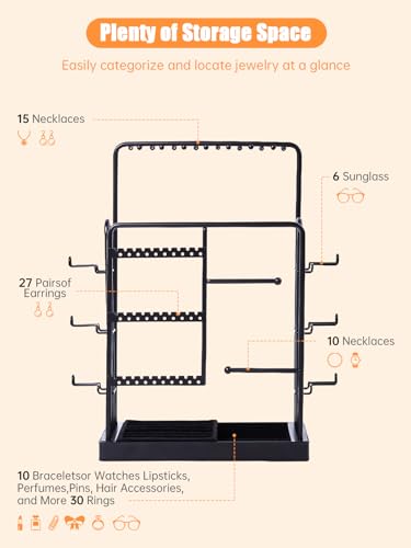Jewelry Stand Holder Organizer, Sunglass Organizer for 6 Pairs of Eyewear Display, 3 Tier Jewelry Stand Necklace Holder, Gift for Women, Jewelry Holder for Necklace, Earring, Bracelet, Ring