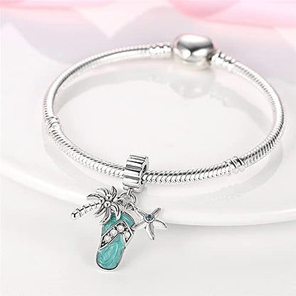 Pandach 925 Sterling Silver Charms for Bracelets and Necklaces Travel Round The World Beads Charms Relaxation Dangle Pendant,Jewelry Beads Gifts for Women - style: Beach coconut tree starfish slippers Charm