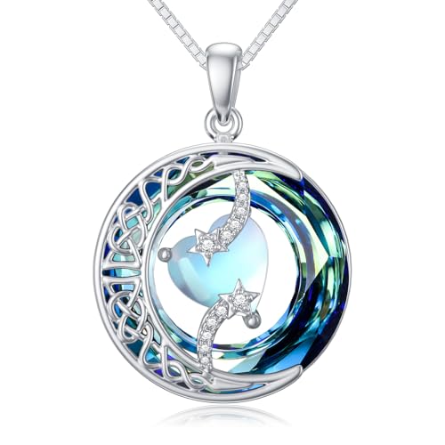 TOUPOP Birthstone Necklace Women Sterling Silver Moon Star Birthday Jewelry | Celtic Moon Pendant with Blue Crystal Anniversary Christmas Jewelry Gifts for Wife Mom Her - color: A-13-Moonstone