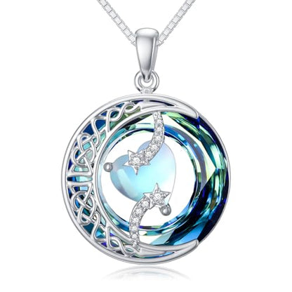 TOUPOP Birthstone Necklace Women Sterling Silver Moon Star Birthday Jewelry | Celtic Moon Pendant with Blue Crystal Anniversary Christmas Jewelry Gifts for Wife Mom Her - color: A-13-Moonstone