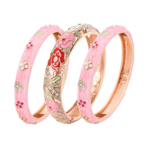 UJOY Womens Multi-Colors Cloisonne Bracelet Plated Flower Hollowed Enameled Hinged Cuff Bangles Jewelry Gift 88A10 - color: C06-3 Pcs Set-Cream Pink
