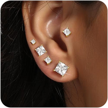MDFUN 5 Pairs Square Earrings Set for Women Hypoallergenic 18K White Gold/Yellow Gold/Rose Gold Plated Princess Cut Clear Cubic Zirconia Stud Earring 3-7MM Pack of 5 - color: Yellow Gold