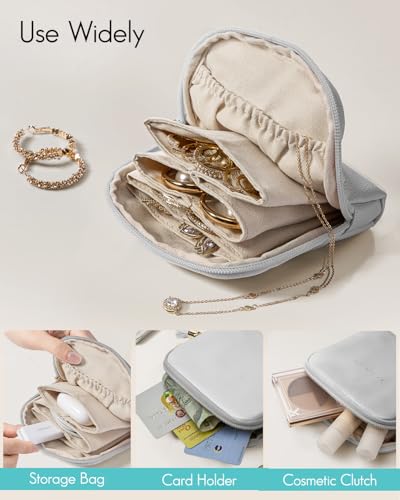 VLANDO Small Travel Jewelry Case,Velvet Pouch Bags with Zipper,Gray | Travel Essentials,PU Leather Organizer with 5 Divided Sections,Carry-On Totes,Gift for Birthday,Bride,Bridesmaid,Women,Girls - color: B.Grey