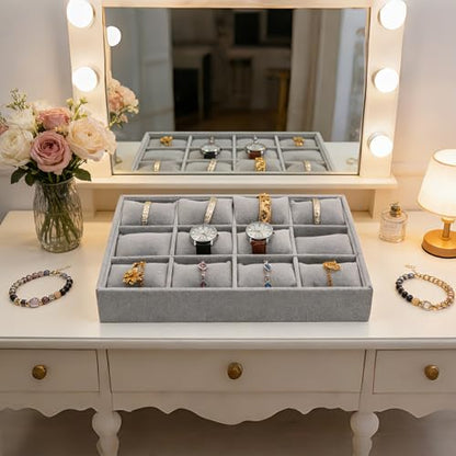 Jewelry Watch Tray, Grey Velvet Watch Jewelry Organizer 12 Grid, Stackable Watch Bracelet Bangle Display Holder, Adjustable Pillows, for Man Woman Show Birthday - color: Grey