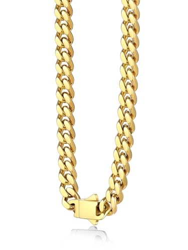 Bestyle Thick Stainless Steel Mens Cuban Link Chain, Black/Gold Chain for Men, No Tarnish & Durable Men Chain Necklace, 5/7/9/12mm Wide, 18"-30" Long, Gift Package - style: b. 5mm-Gold