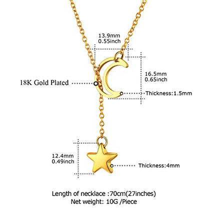 FOCALOOK Heart Lariat Necklaces for Women, Long Slip Chain Necklace | Hypoallergenic 316L Stainless Steel Silver/Black/Gold Plated, Front Slider Closure, Non Tarnish, Layered look, Everyday Wear - color: 17:Gold Star Moon
