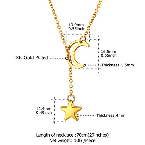 FOCALOOK Heart Lariat Necklaces for Women, Long Slip Chain Necklace | Hypoallergenic 316L Stainless Steel Silver/Black/Gold Plated, Front Slider Closure, Non Tarnish, Layered look, Everyday Wear - color: 19:Gold Star Moon-Custom