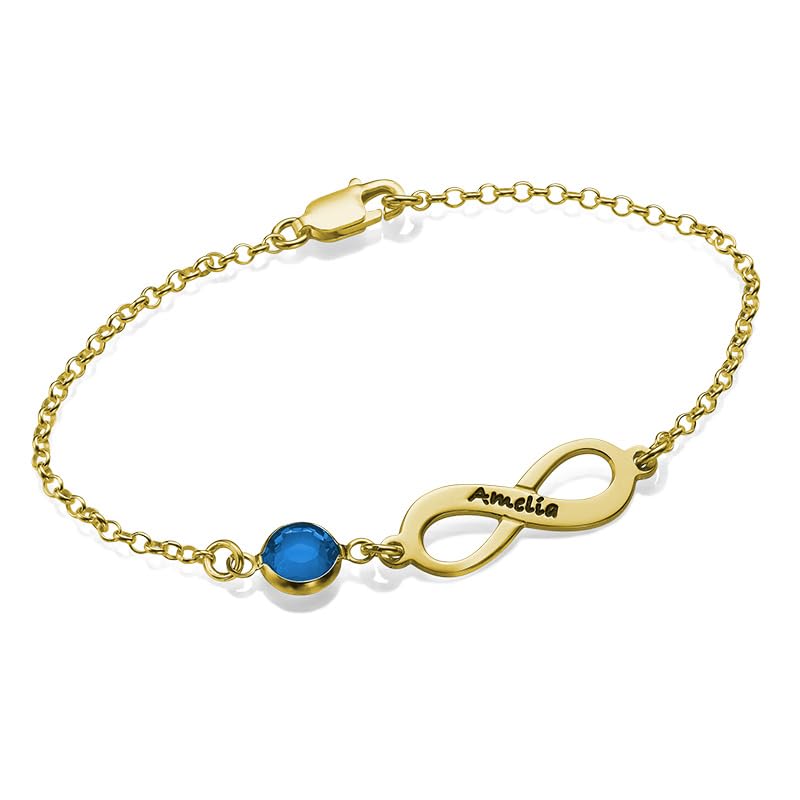 Personalized Infinity Bracelet - Choose Your Style - Sterling Silver, Solid Gold or Plated - Rolo Chain - color: 18K Gold Plated Silver, size: 1 Name Bracelet with Birthstone