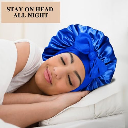 2+3 Large Satin Bonnets with Scrunchies for Women, Hair Bonnet Sleeping Tie Bonnet for Braids Curly Hair - color: J - Purple, Royal